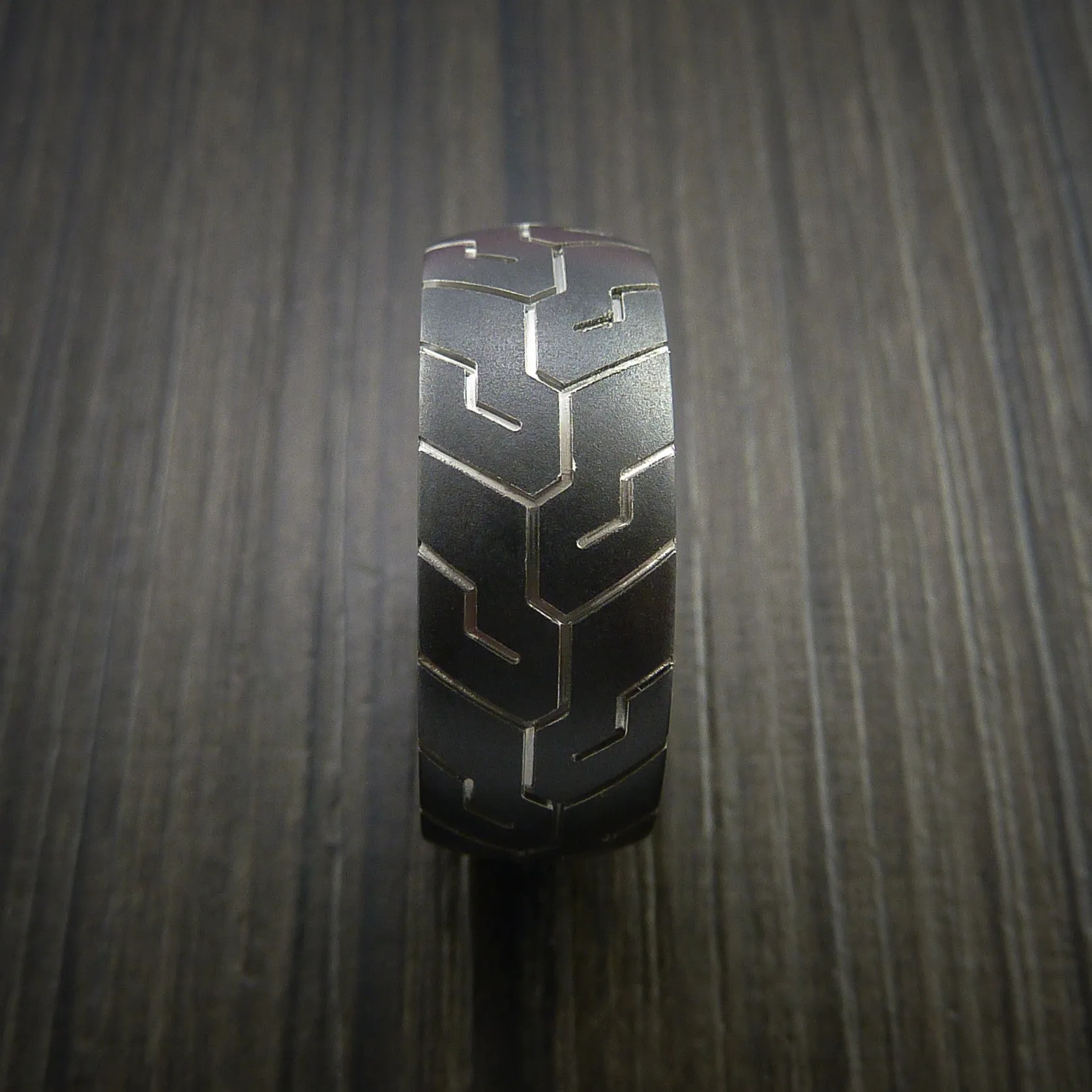 Black Titanium Tire Tread Textured Carved Men's Ring