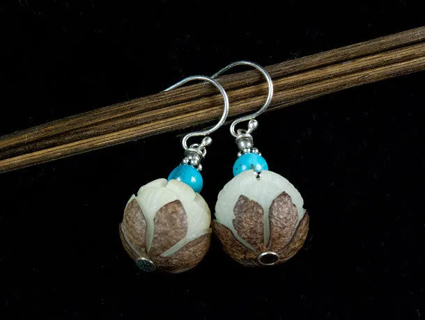 Bodhi Seed and Turquoise Silver Drop Earrings