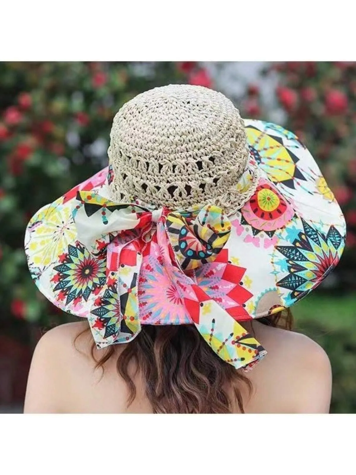 Boho A Ladies Bohemian Sun Hat With Printed Patchwork And Wide Brim, Suitable For Travel And Vacation To Provide Face And Sun Protection.