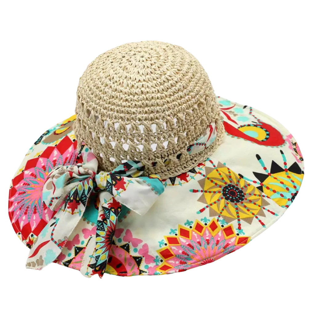 Boho A Ladies Bohemian Sun Hat With Printed Patchwork And Wide Brim, Suitable For Travel And Vacation To Provide Face And Sun Protection.