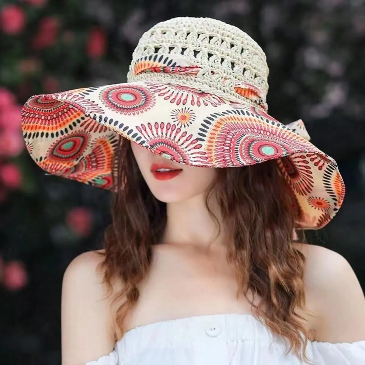 Boho A Ladies Bohemian Sun Hat With Printed Patchwork And Wide Brim, Suitable For Travel And Vacation To Provide Face And Sun Protection.