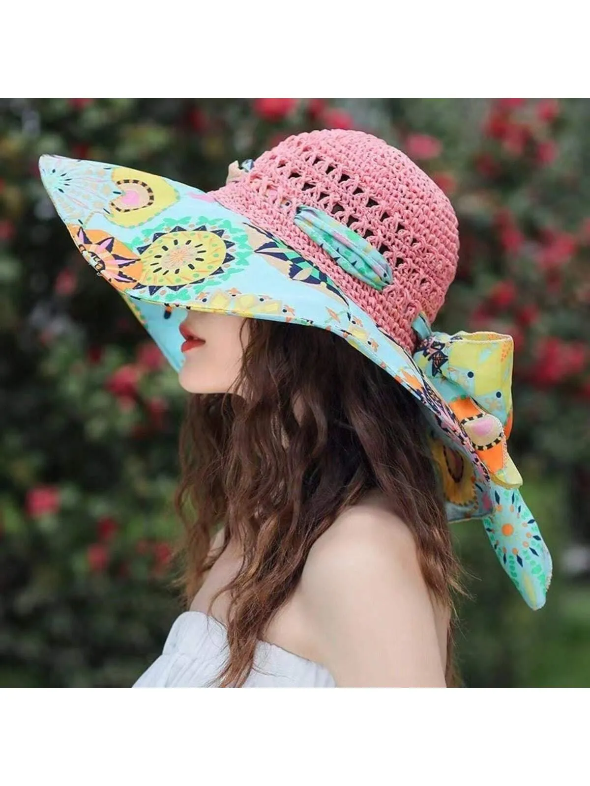 Boho A Ladies Bohemian Sun Hat With Printed Patchwork And Wide Brim, Suitable For Travel And Vacation To Provide Face And Sun Protection.