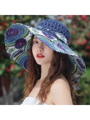 Boho A Ladies Bohemian Sun Hat With Printed Patchwork And Wide Brim, Suitable For Travel And Vacation To Provide Face And Sun Protection.