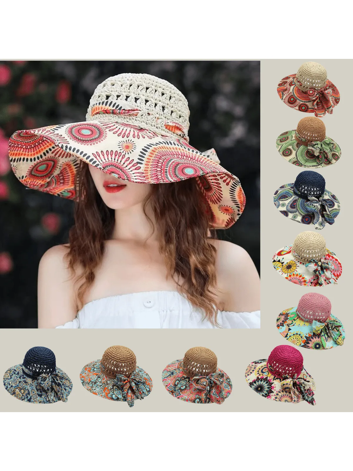 Boho A Ladies Bohemian Sun Hat With Printed Patchwork And Wide Brim, Suitable For Travel And Vacation To Provide Face And Sun Protection.