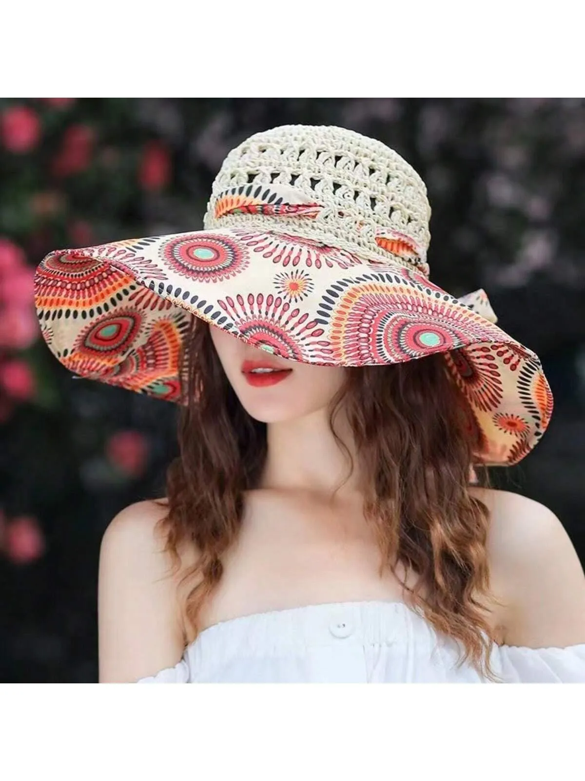 Boho A Ladies Bohemian Sun Hat With Printed Patchwork And Wide Brim, Suitable For Travel And Vacation To Provide Face And Sun Protection.