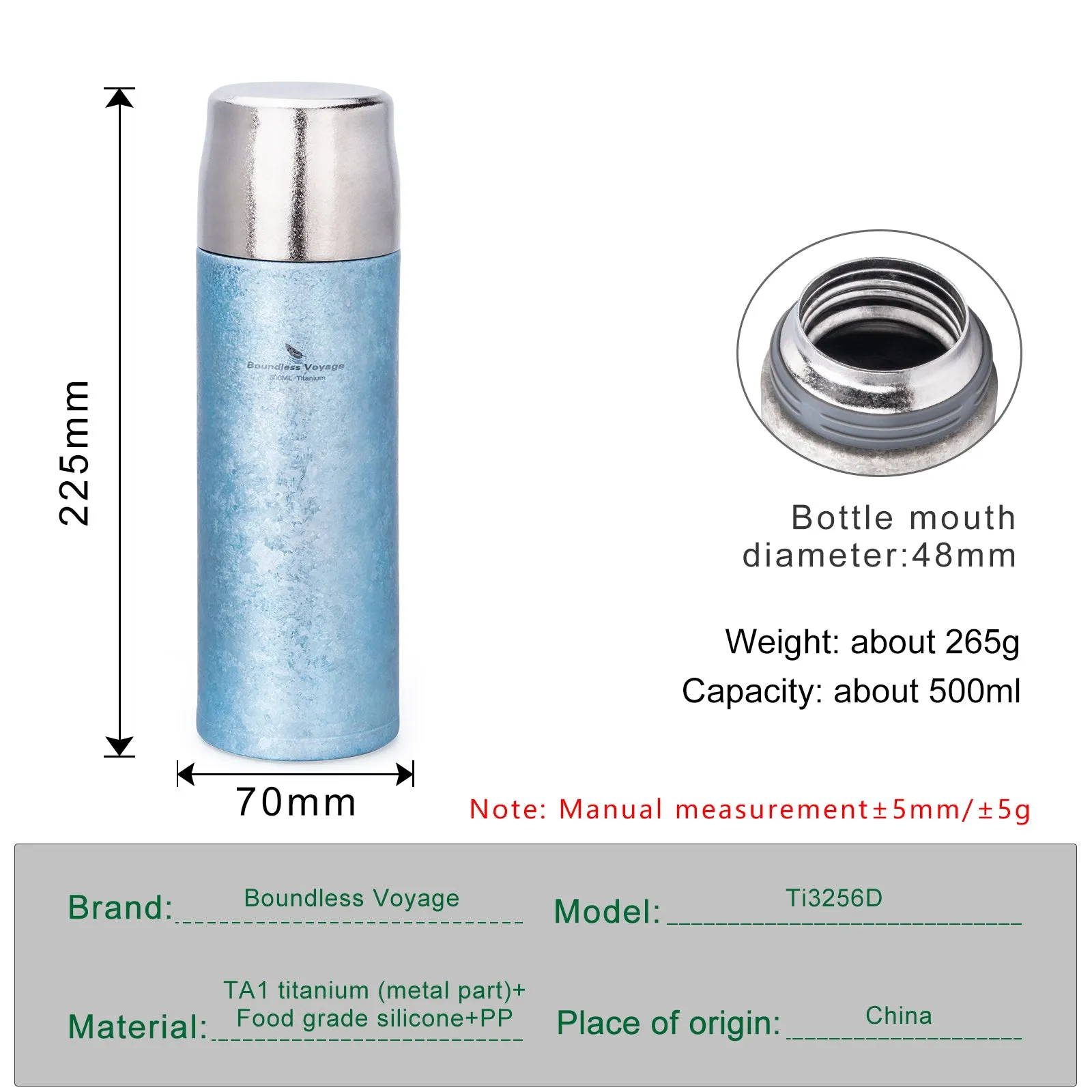 Boundless Voyage 500ml Titanium Insulated Water Bottle Reusable Double Walled Bottle Ultralight Leakproof Drinkware for Outdoor Camping Hiking