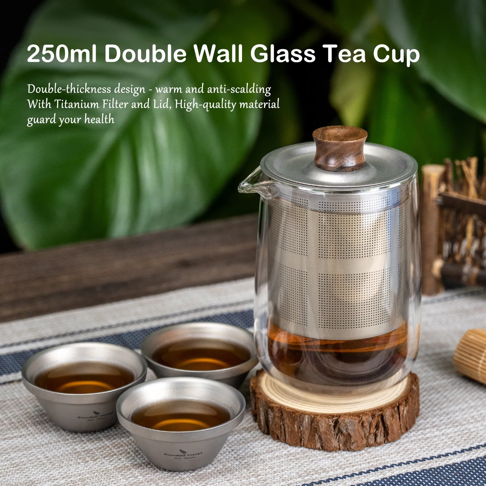 Boundless Voyage Double Wall Glass Tea Cup 250ml with Titanium Filter Lid Anti-scalding Coffee Mug Tea Maker for Camping Office Traveling Home Use