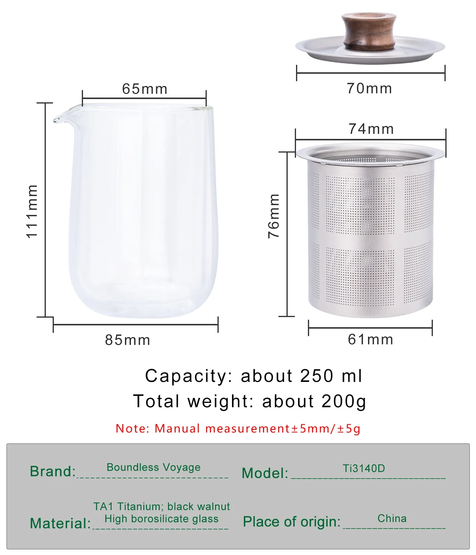 Boundless Voyage Double Wall Glass Tea Cup 250ml with Titanium Filter Lid Anti-scalding Coffee Mug Tea Maker for Camping Office Traveling Home Use