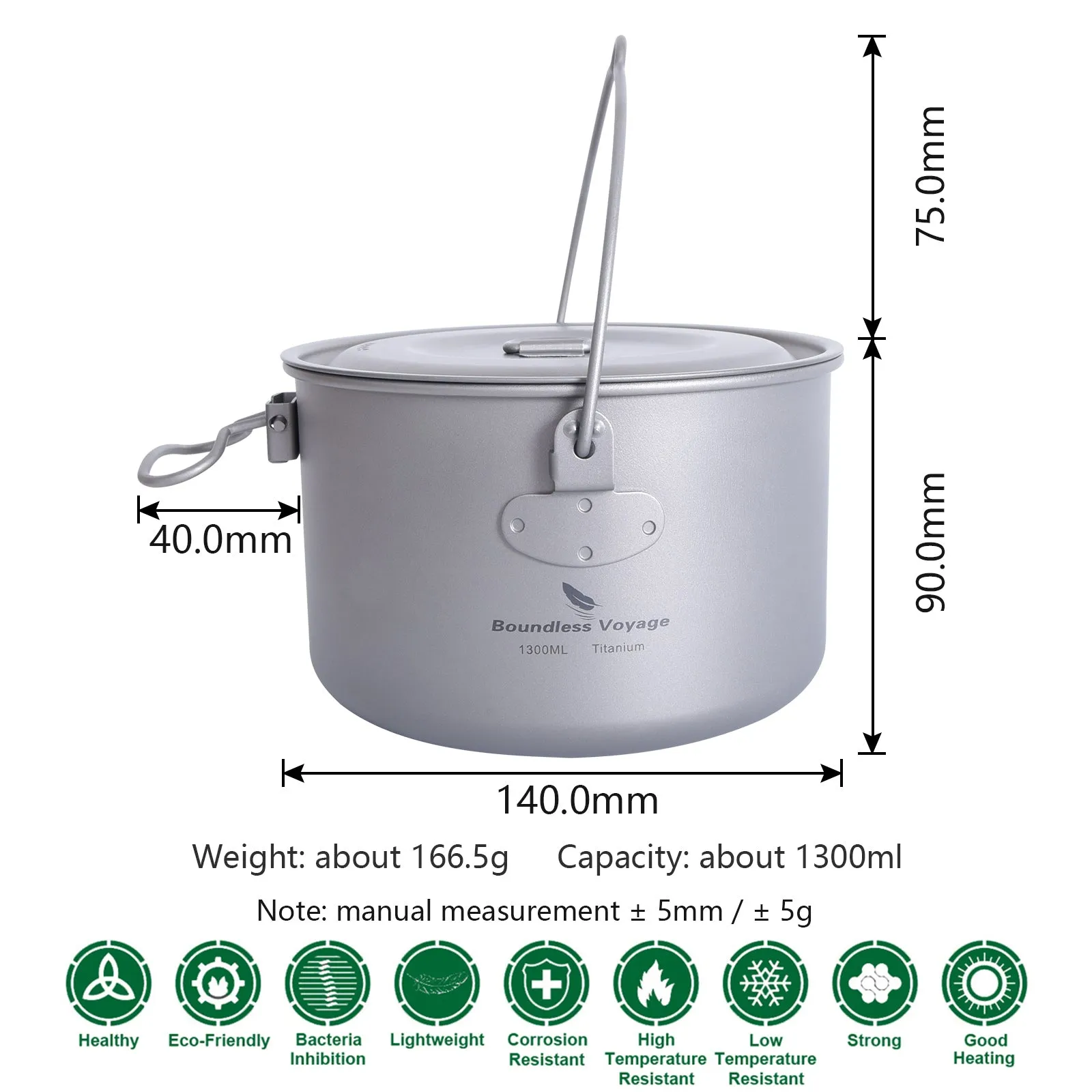 Boundless Voyage For Outdoor Camping  Titanium Pot 1300ml with Lid Folding Handle Hiking Picnic Portable  Soup Pot