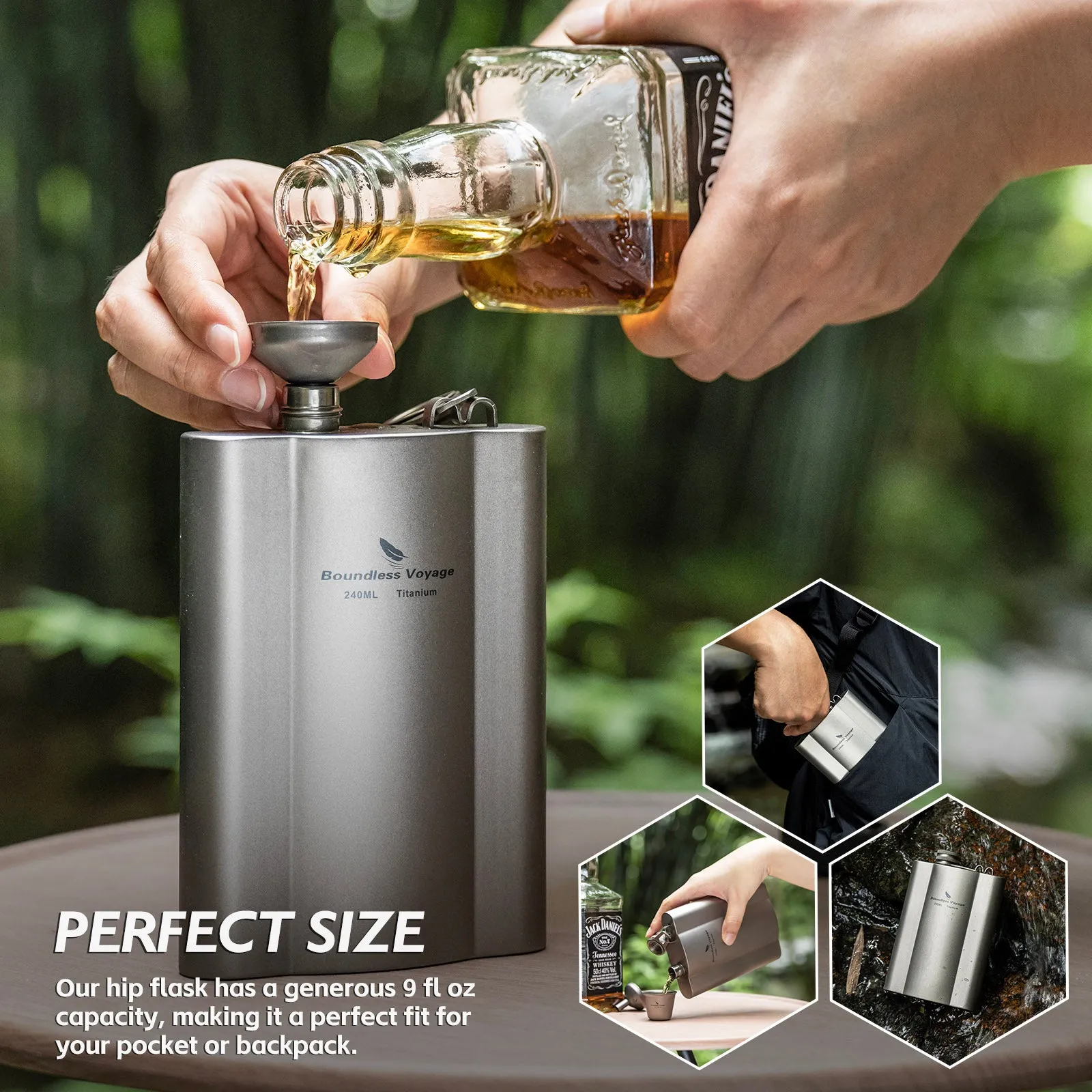 Boundless Voyage Titanium Flask 240ml funnel Rust-Free Ultralight Small Liquor Flask Bottle for Whiskey Vodka Wine Outdoor Portable Travel Outdoor