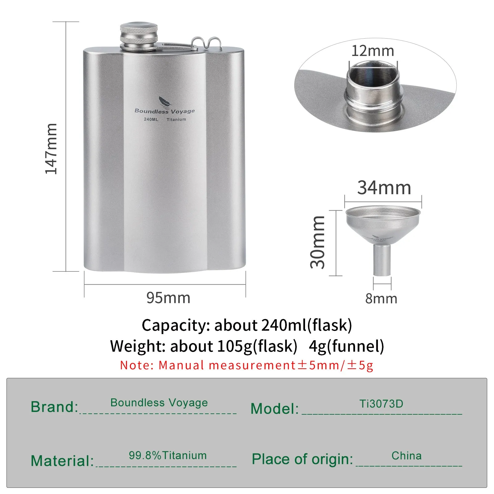 Boundless Voyage Titanium Flask 240ml funnel Rust-Free Ultralight Small Liquor Flask Bottle for Whiskey Vodka Wine Outdoor Portable Travel Outdoor