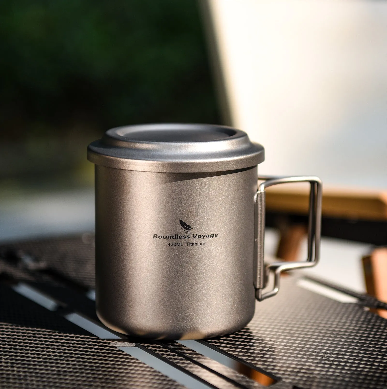 Boundless Voyage Titanium Mug with Tea Strainer 420ml/14.2 fl oz Portable Folding Handle Lightweight Tea Cup with Tea Filter Outdoor Camping Tea Maker