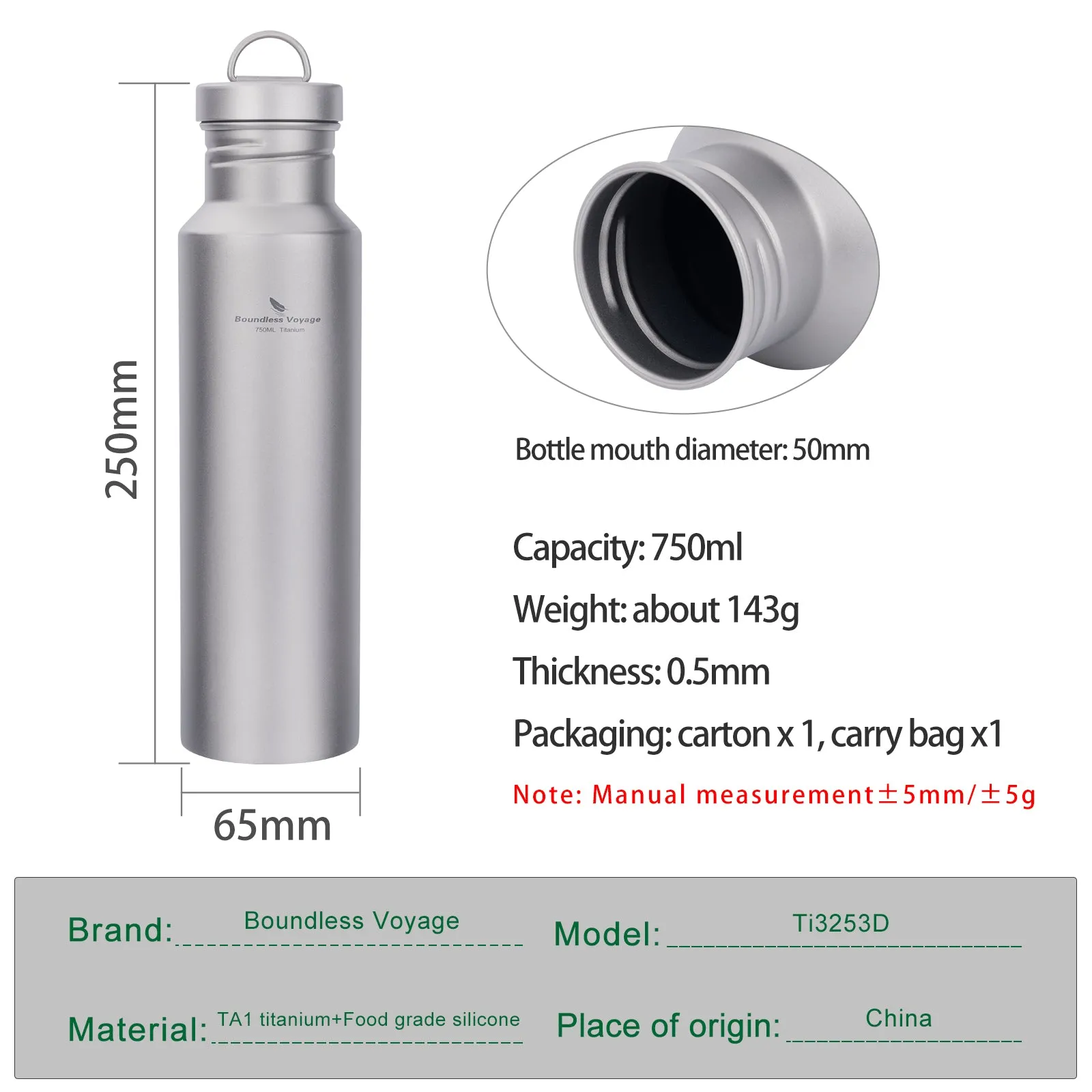 Boundless Voyage Titanium Water Bottle 750ml with Lid Wide Mouth Leak-Proof Reusable Sport Drinking Bottle for Camping Hiking Tea Coffee