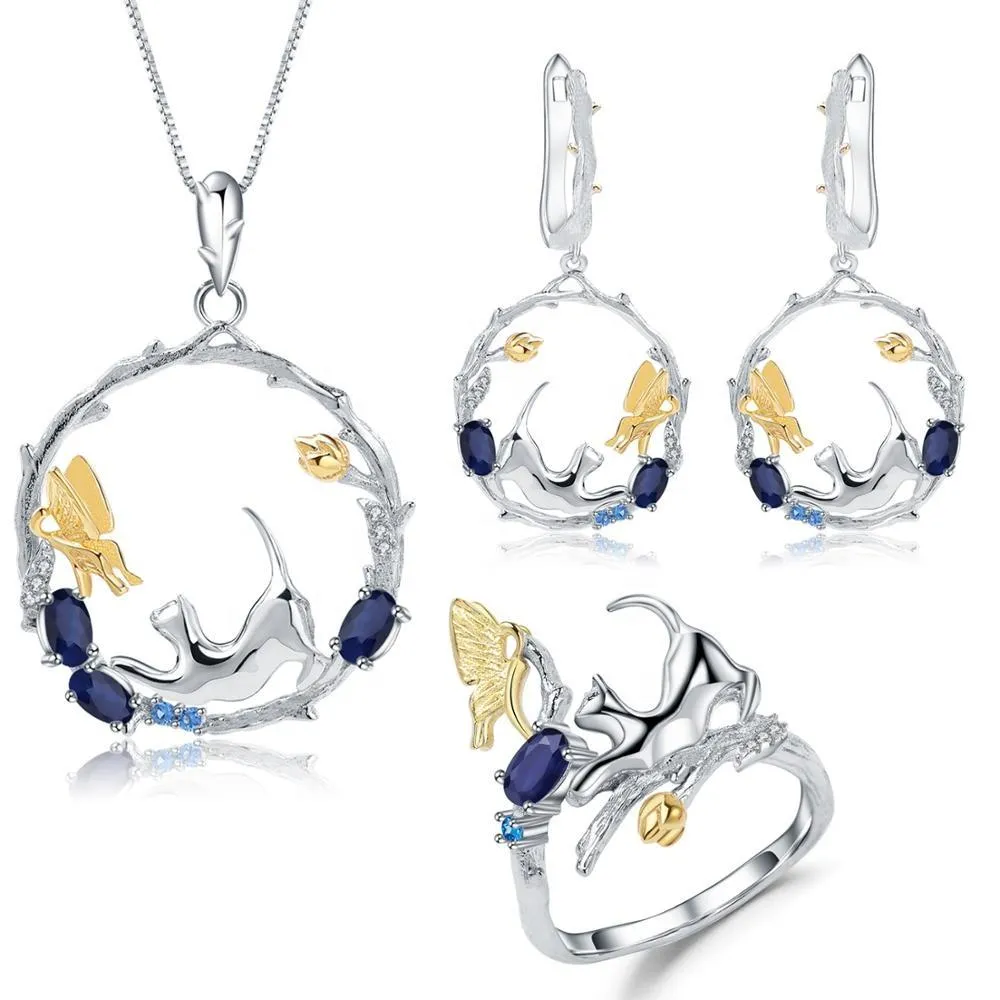 Cat and Butterfly Fine Sterling Silver Jewelry, Genuine Gemstone-Necklace, Earrings, Ring or SET