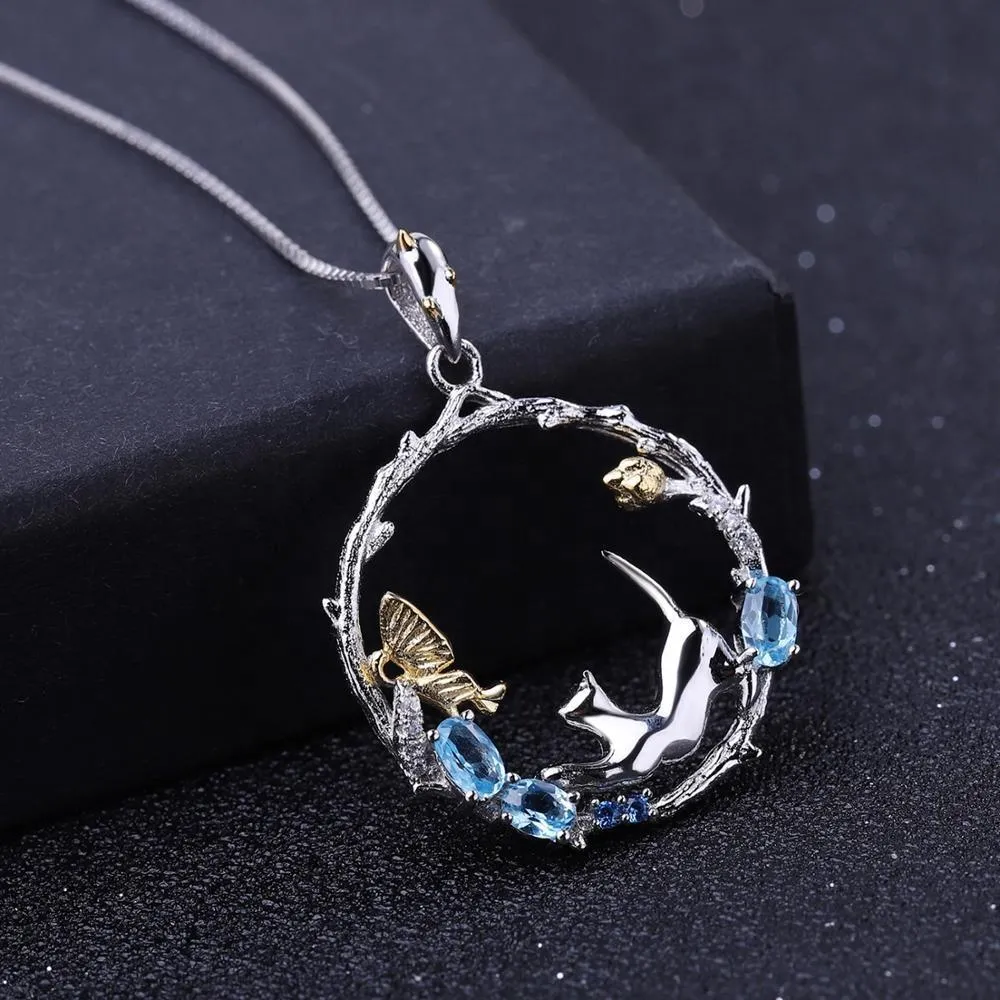 Cat and Butterfly Fine Sterling Silver Jewelry, Genuine Gemstone-Necklace, Earrings, Ring or SET