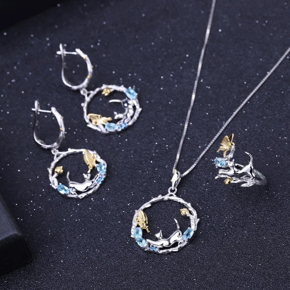 Cat and Butterfly Fine Sterling Silver Jewelry, Genuine Gemstone-Necklace, Earrings, Ring or SET