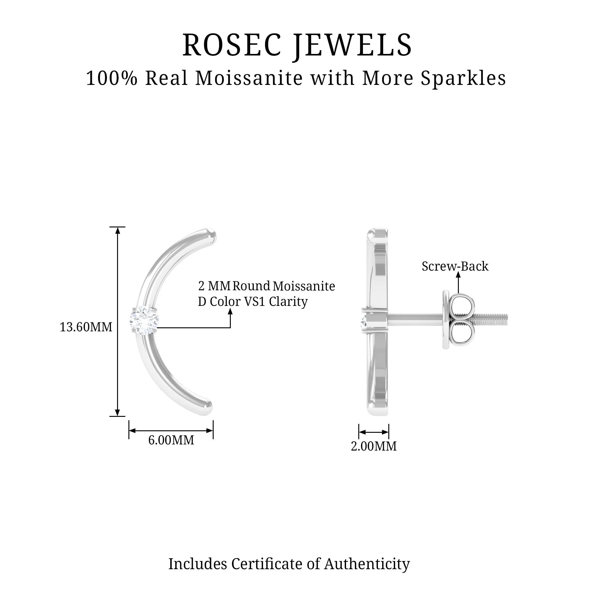 Certified Moissanite Curved Stud Earrings