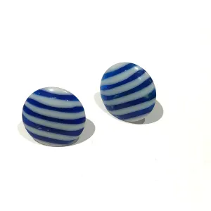 Cobalt Blue & White Pin Stripe Disc Stud Earrings