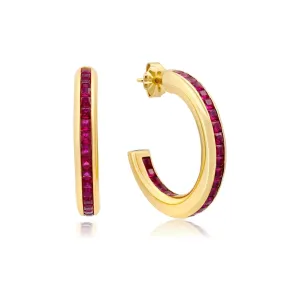 CRISLU Princess Cut Ruby CZ Hoop Earrings