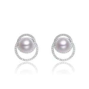 Cubic Zirconia Sterling Silver Rhodium Plated Round Pearl Earrings