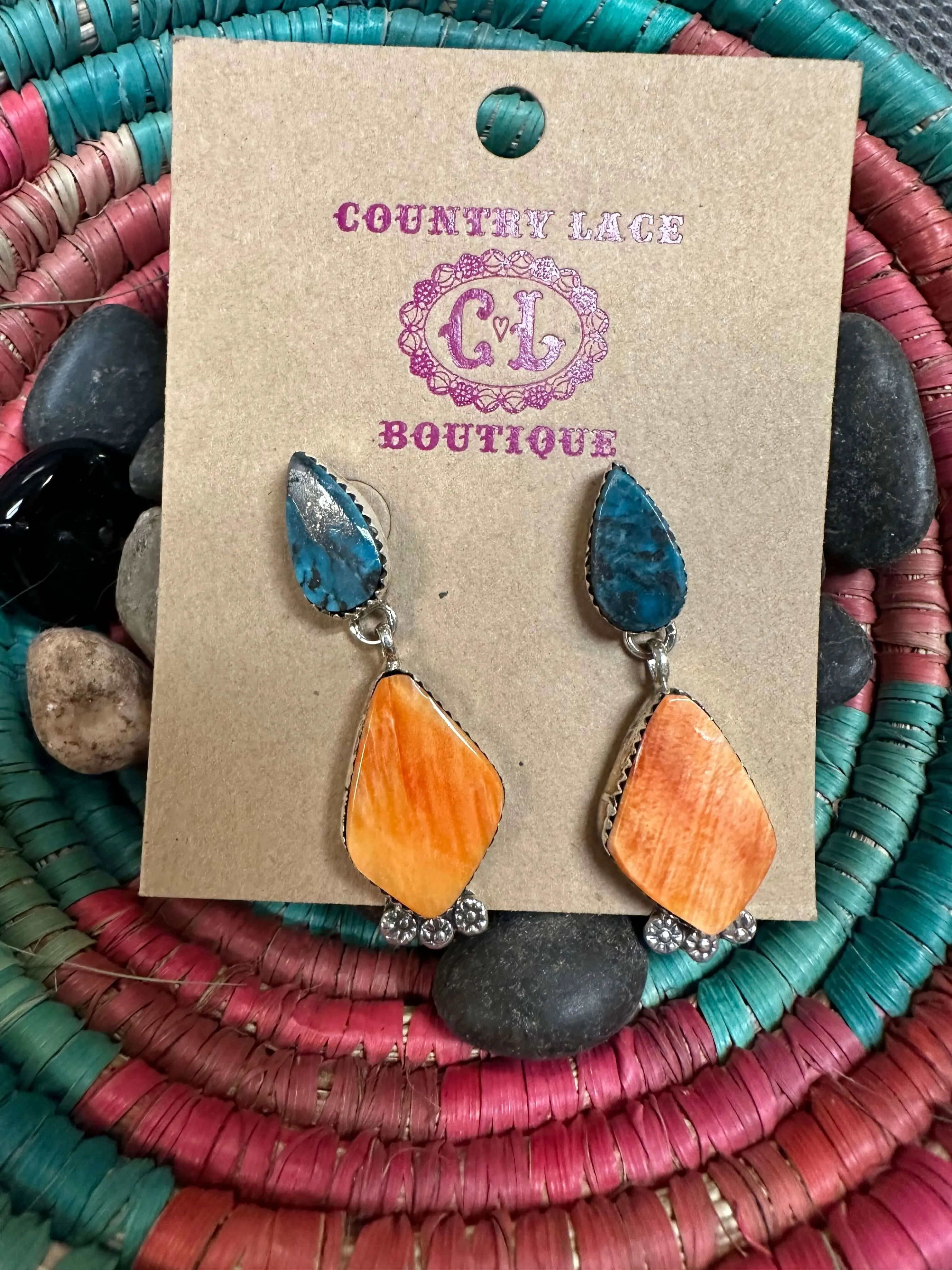 Dainty Turquoise & Orange Spiny with Silver Detail Post Genuine Earring.