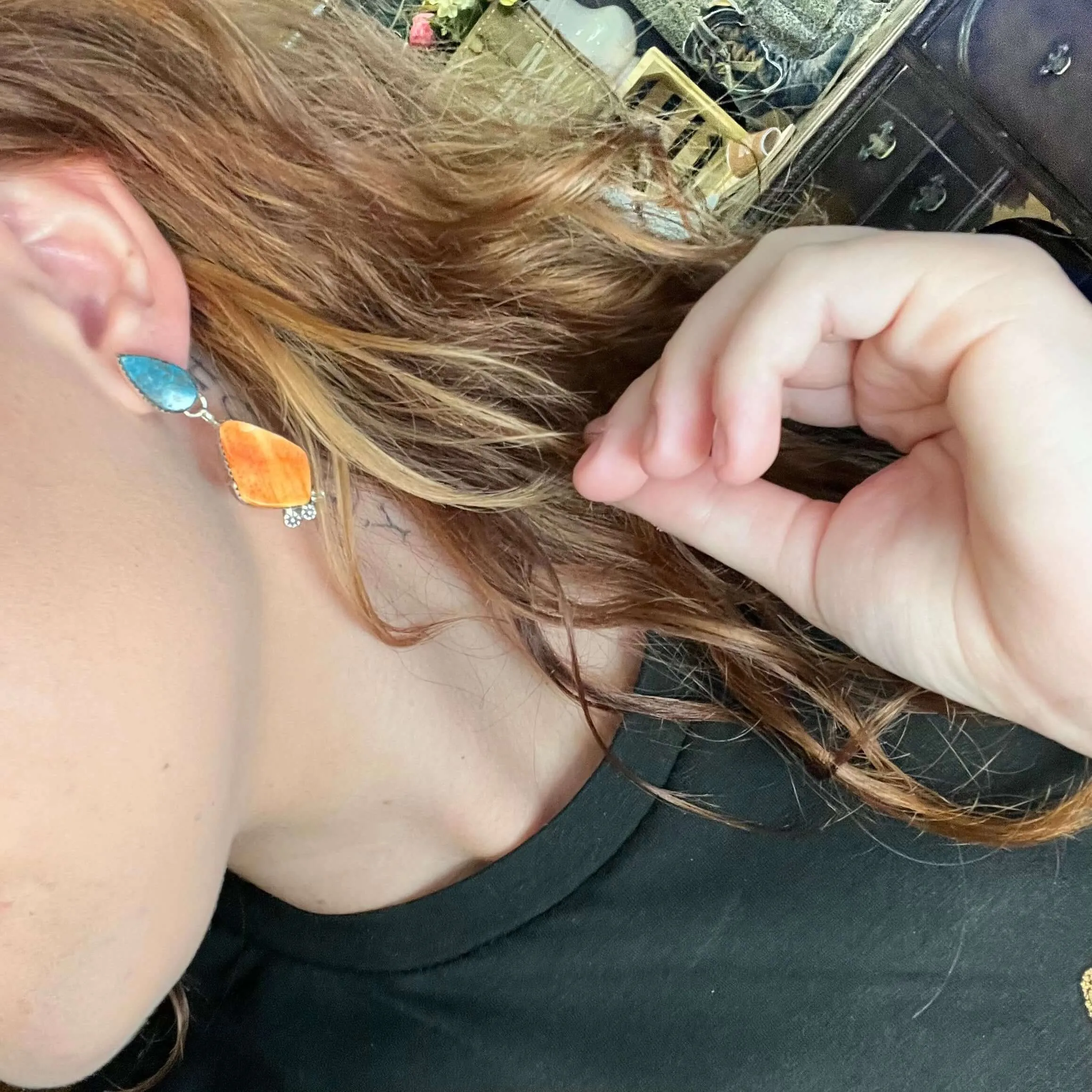 Dainty Turquoise & Orange Spiny with Silver Detail Post Genuine Earring.