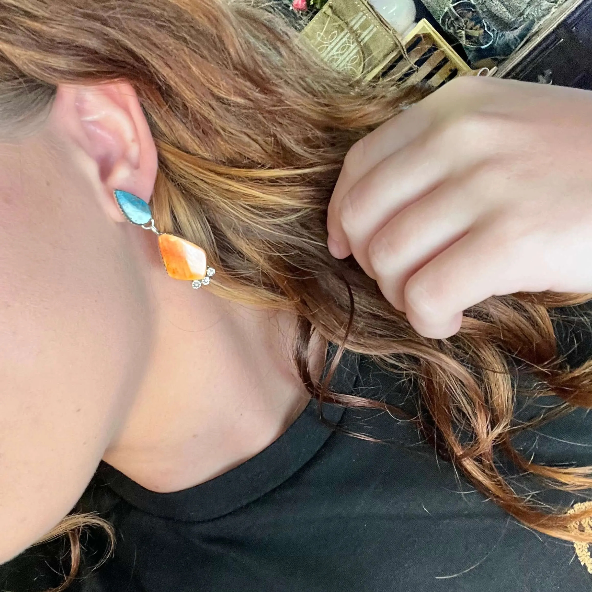 Dainty Turquoise & Orange Spiny with Silver Detail Post Genuine Earring.