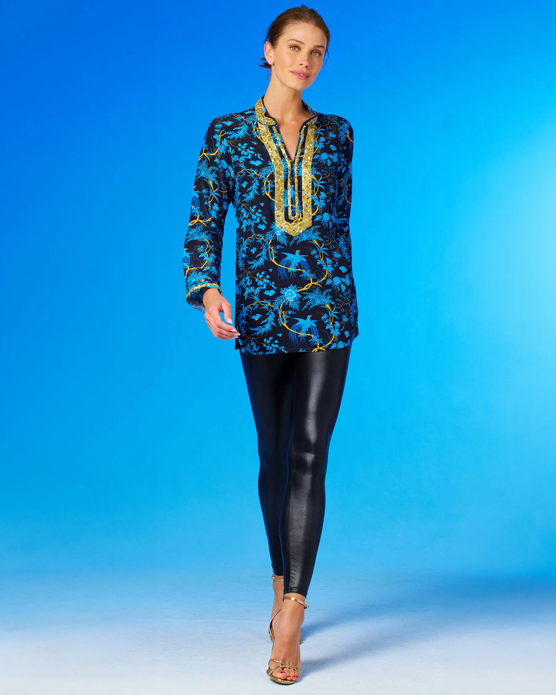 Darcy Tunic in Midnight Garden with Gold Embellishment