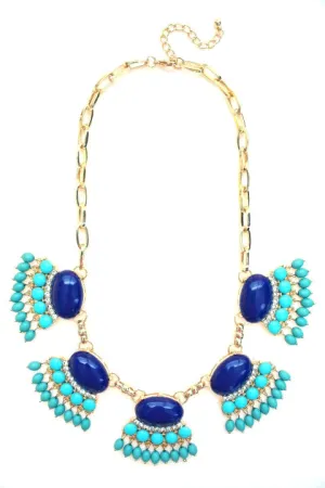 Fan Fringe Statement Necklace- Navy & Turquoise