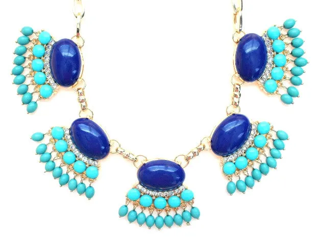 Fan Fringe Statement Necklace- Navy & Turquoise