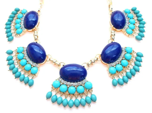 Fan Fringe Statement Necklace- Navy & Turquoise