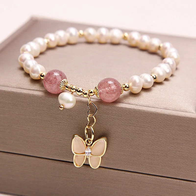 Freshwater Pearl Strawberry Quartz Bracelet Bracelet Female Opal Butterfly Bracelet