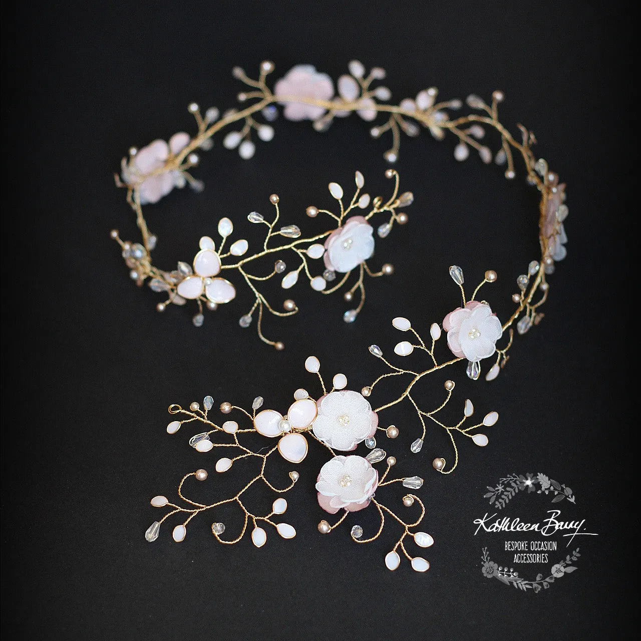 Gazelle Bridal Hair Crown Wreath Vine in Gold & Blush Pink tones - Wedding Accessories