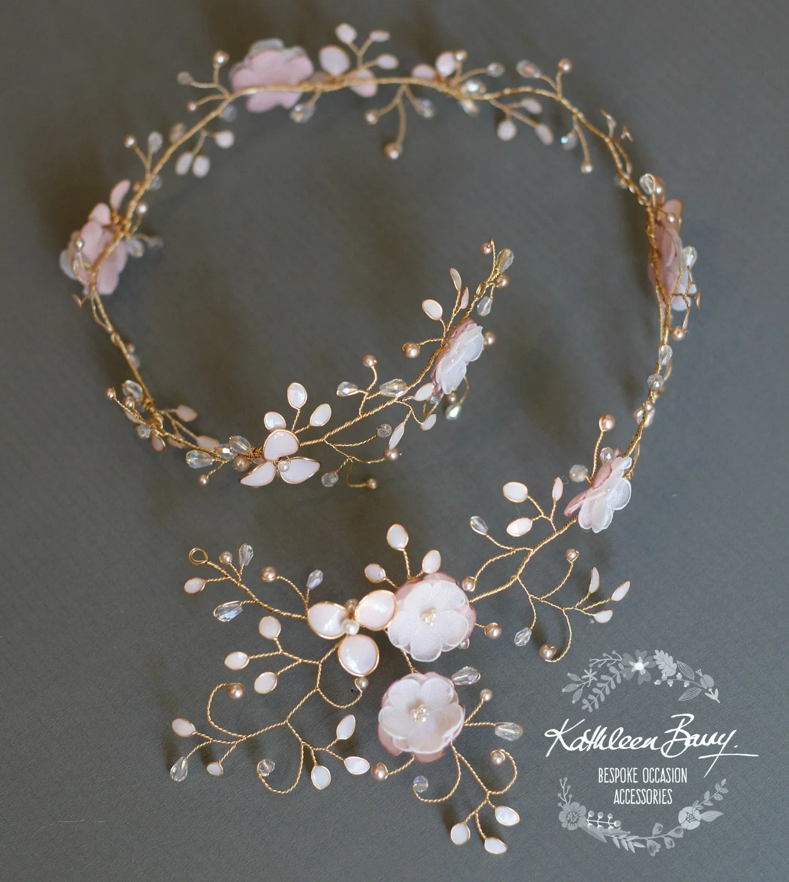 Gazelle Bridal Hair Crown Wreath Vine in Gold & Blush Pink tones - Wedding Accessories