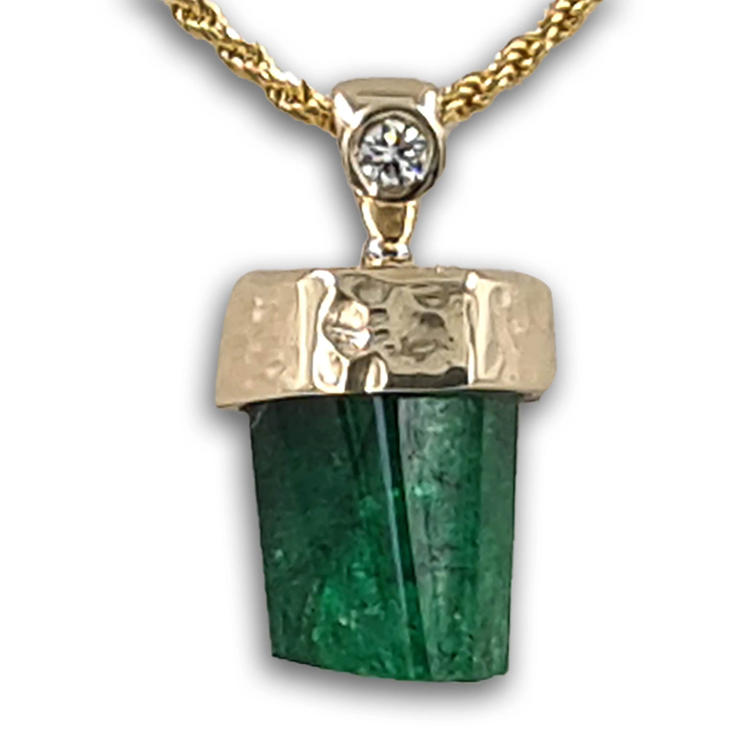 Genuine Emerald natural pencil 14K gold pendant with diamond