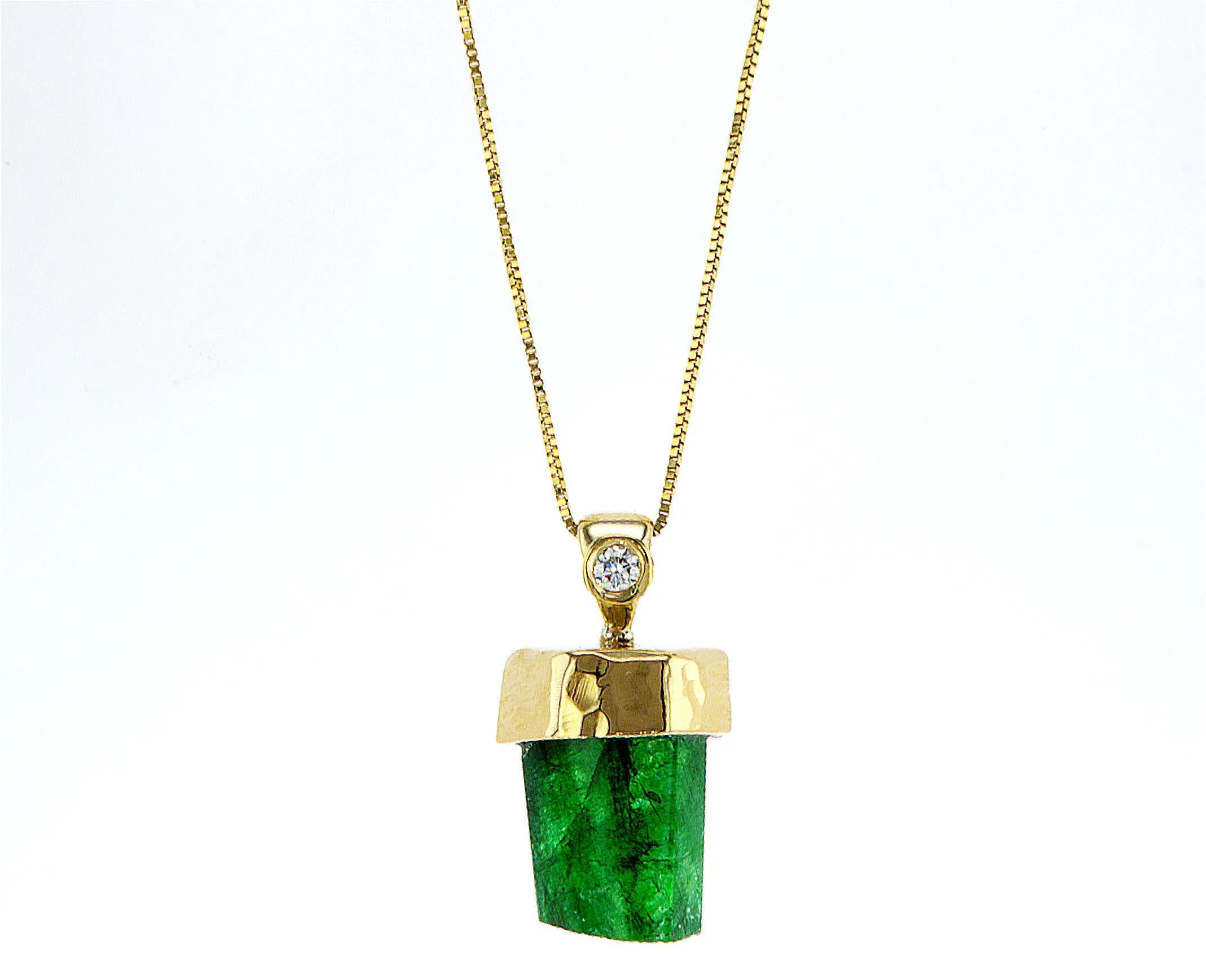 Genuine Emerald natural pencil 14K gold pendant with diamond