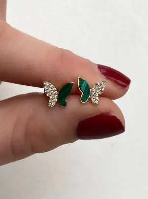 Gold Diamond Malachite Butterfly Earrings