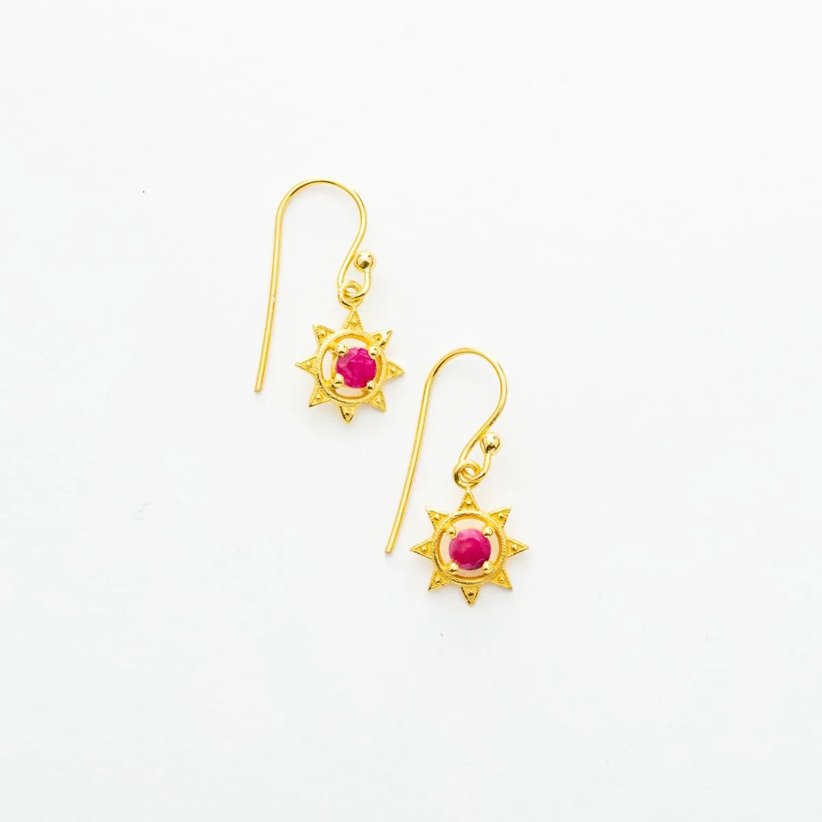 Gold Plated Sun and Ruby Dangle Earrings