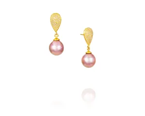 Gold Teardrop Pink Pearl Diamond Earrings