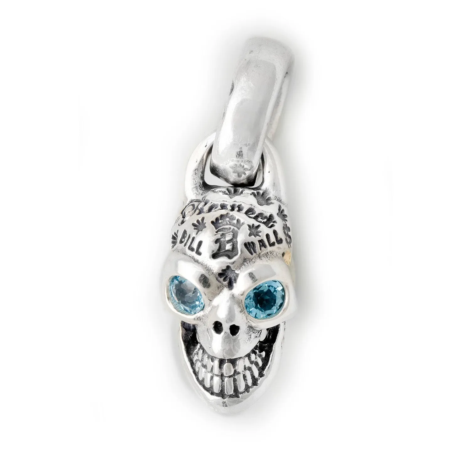 Graffiti Skull Pendant with Gold Overlay & Blue Topaz or Rhodolite Eyes