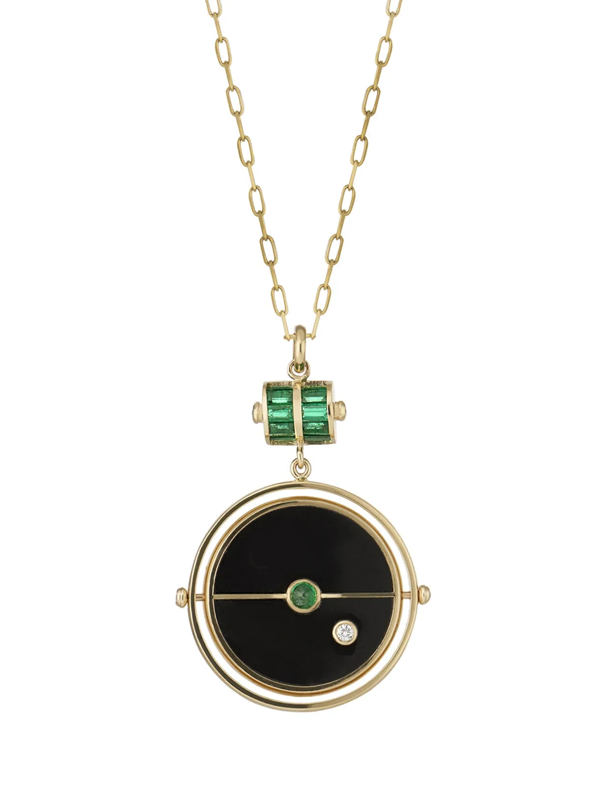 Grandfather Black Onyx and Emerald Compass Yellow Gold Pendant Necklace