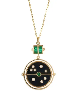 Grandfather Black Onyx and Emerald Compass Yellow Gold Pendant Necklace