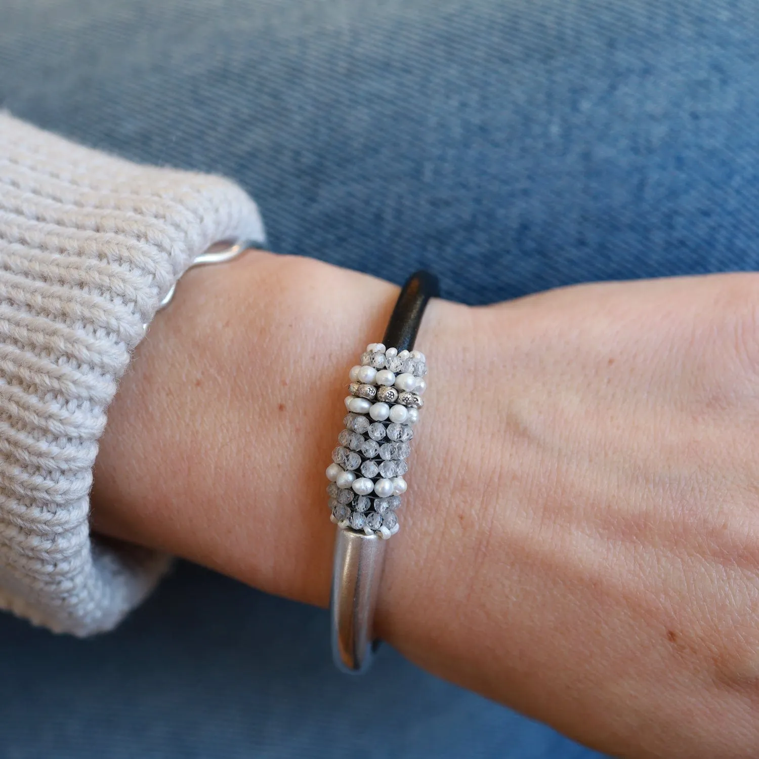 Hand Stitched White Zircon, Pearl & Hill Tribe Silver 1/2 Cuff Bracelet