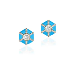 Hexagon Diamonds & Turquoise Enamel Stud Earrings