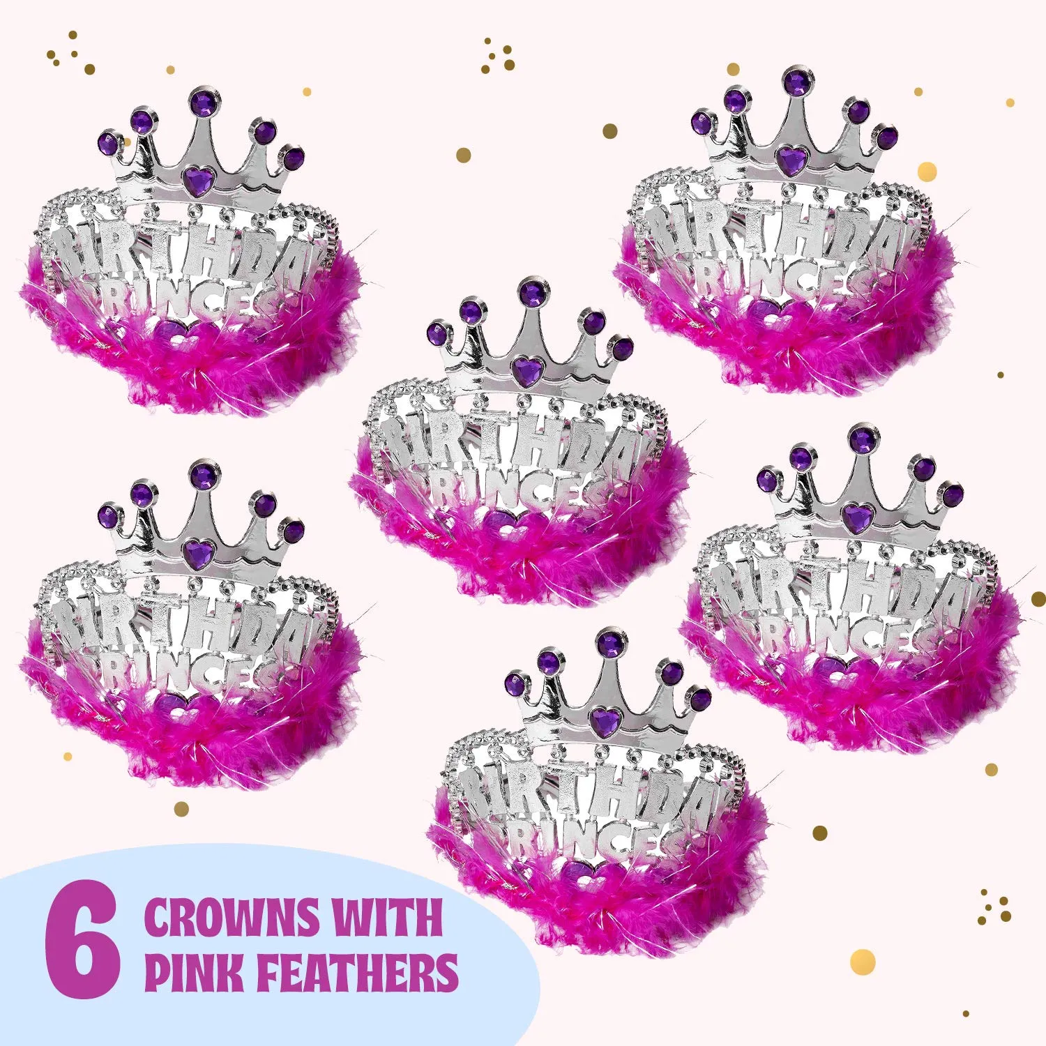 Kicko Birthday Princess Tiaras, 4 X 5 Inches - 6 Pack - Crowns with Pink Feathers