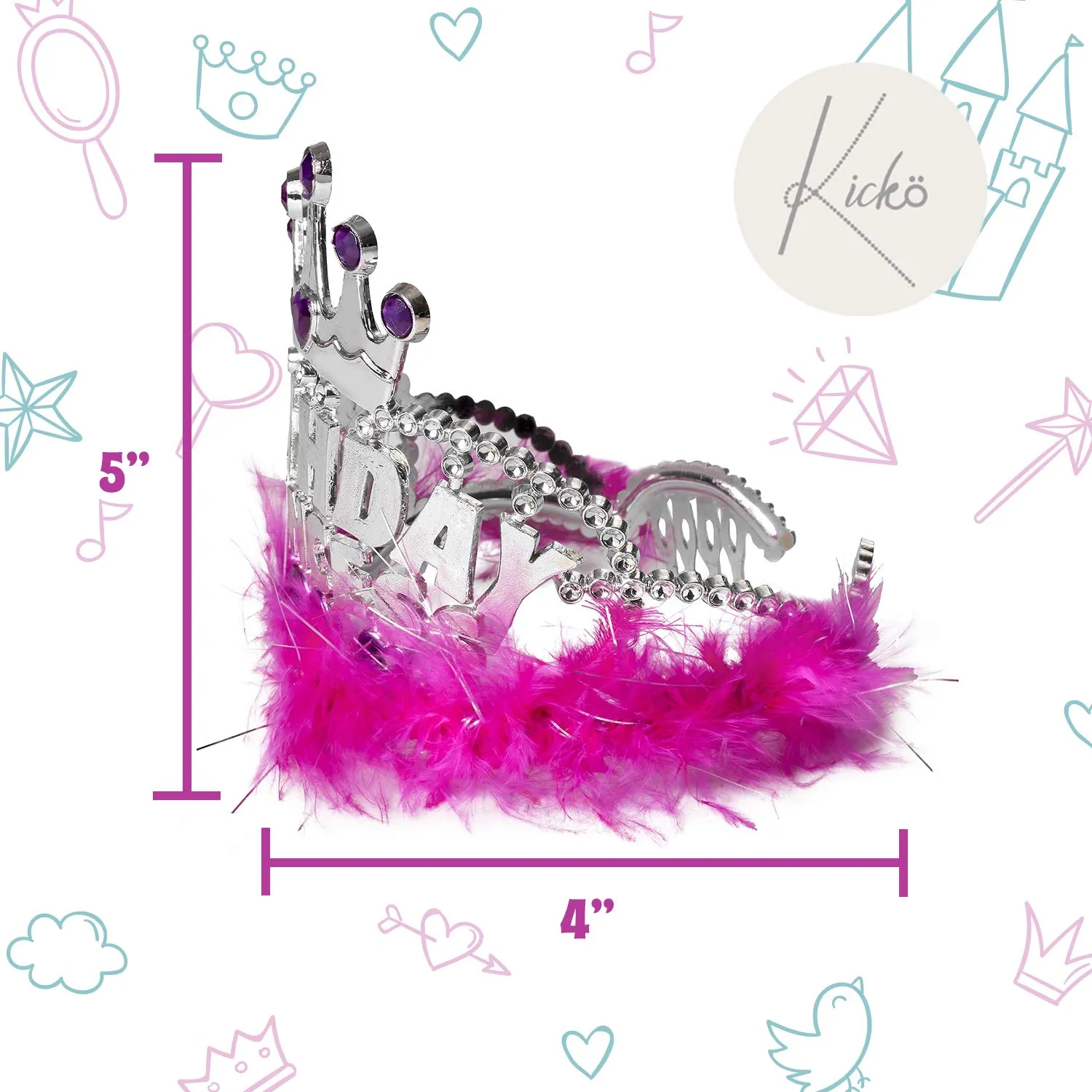 Kicko Birthday Princess Tiaras, 4 X 5 Inches - 6 Pack - Crowns with Pink Feathers