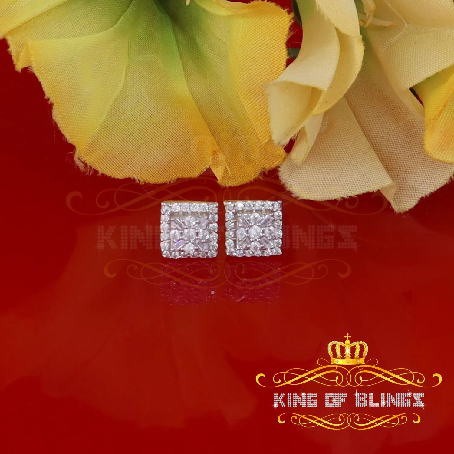 King of Bling's 925 Starling Yellow Silver 0.74ct Cubic Zirconia Square Women's & Men's Earrings