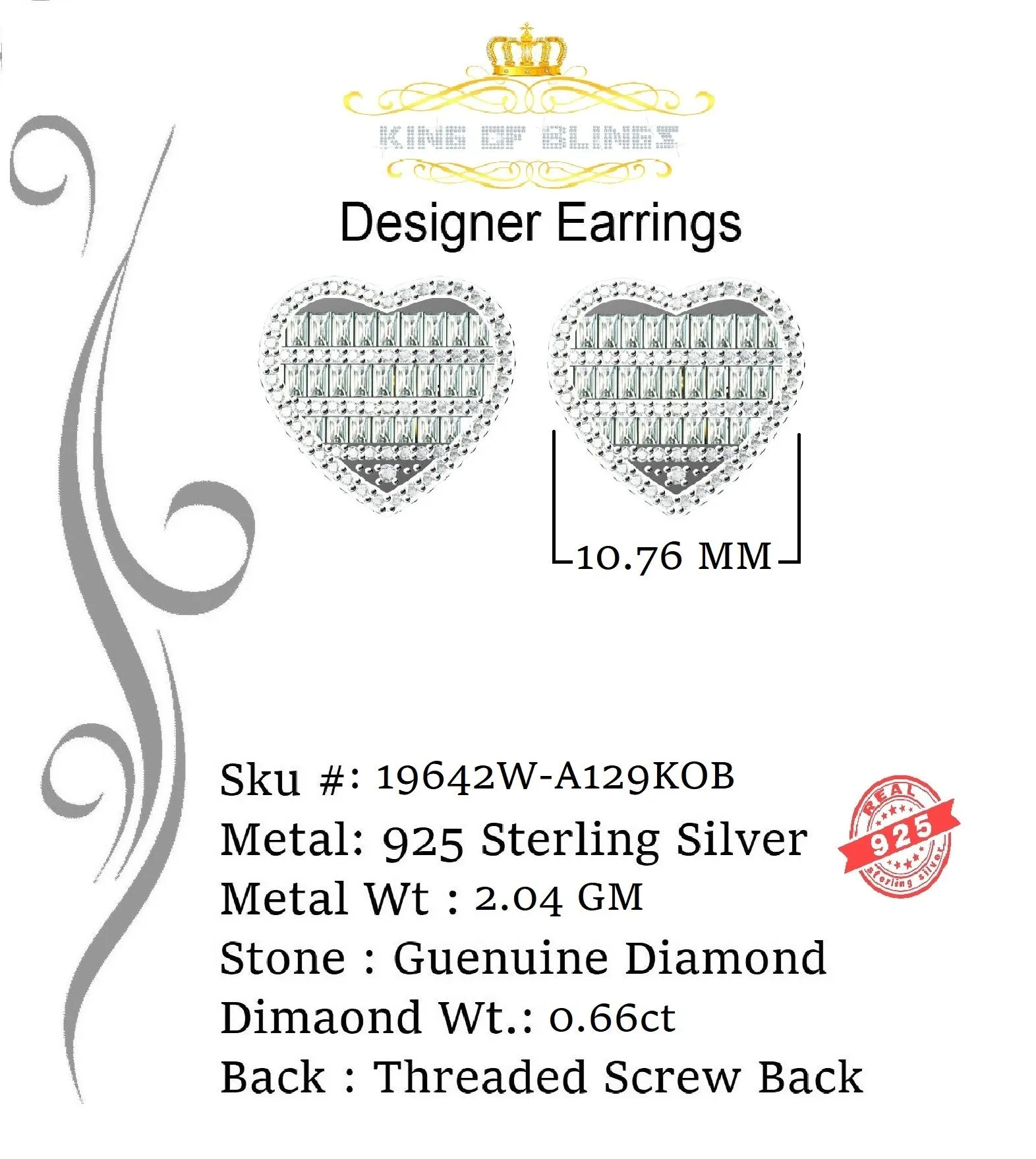 King Of Bling's Micro Pave Heart 0.66ct Real Diamonds 925 White Silver Women's & Men's Earrings