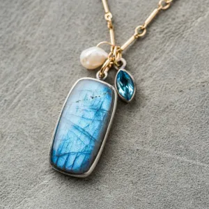 Labradorite Rectangle Necklace with Pearl and Topaz on Bar Chain