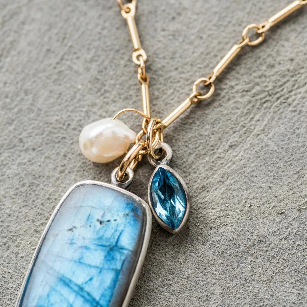 Labradorite Rectangle Necklace with Pearl and Topaz on Bar Chain